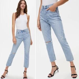 AGOLDE Riley Distressed High Rise Straight Crop Light Wash Jean Shatter US 25